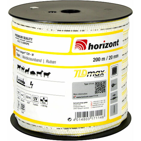 Horizont – Ruban électrique 200 m – Largeur 20 mm – Conducteur 0,22 mm – Résistance 0,27 Ohm/m – Charge de rupture 120 kg – Garantie UV 3 ans