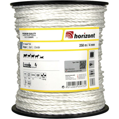 Horizont – Corde TRAPPER 250m – Diamètre 4mm – Conducteur inox 0,20mm – Résistance 8,10 Ohm/mètre – Charge de rupture 120kg
