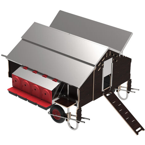 Poulailler mobile pour 30 poules – Métal galvanisé et panneaux phénoliques – Dimensions 3.53 x 2.08 x 1.5 m – 4 pondoirs et 4 perchoirs – Copele