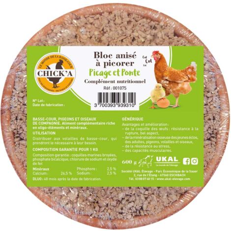 Bloc à picorer pour volailles – Riche en coquilles marines broyées et minéraux – Complément alimentaire 600g – Chick'A