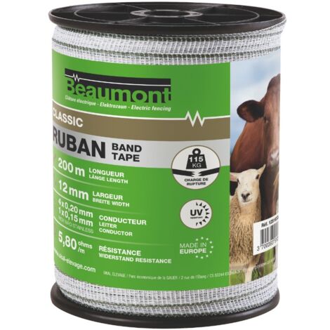 Beaumont – Ruban clôture électrique blanc/vert 12mm – Polyéthylène traité anti-UV – Longueur 200m – Charge de rupture 115kg