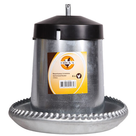 Nourrisseur à trémie émaillé 5 L – Acier galvanisé traité – Pour 6 poules – Débit ajustable avec crémaillère métallique – Chick'A
