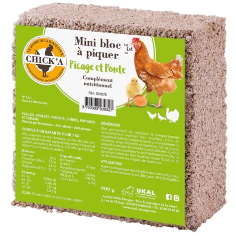 Bloc à piquer pour volailles – Riche en coquilles d'huîtres et minéraux – Réduit le picage et le stress – Convient pour 15 à 30 volailles – Chick'A
