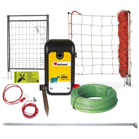Horizont – Kit clôture pour moutons 50m – Poste mixte 230V/12V – Filet électrifiable 90cm – Piquets en fibre de verre renforcé