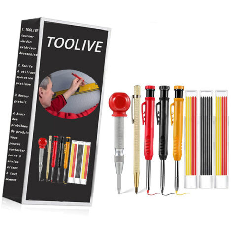 Lot de 8 crayons de charpentier solides Crayon, Marqueur, Craie avec poinçon central, outil de traçage au carbure pour marqueur de trou profond
