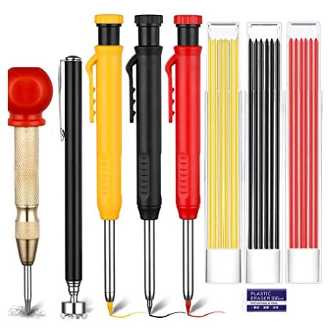 Lot de 8 crayons de charpentier solides Crayon, Marqueur, Craie avec poinçon central, outil de traçage au carbure pour marqueur de trou profond