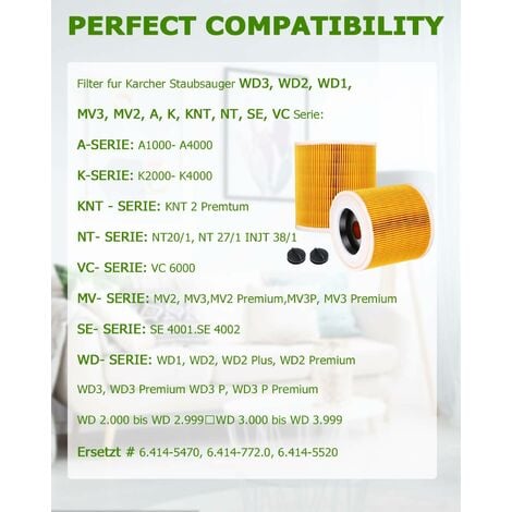 Lot de 2 Filtres pour Aspirateur Kärcher WD3 Premium, WD2, WD3P, MV2, MV3 - Filtre de rechange WD3 - 6.414-552.0