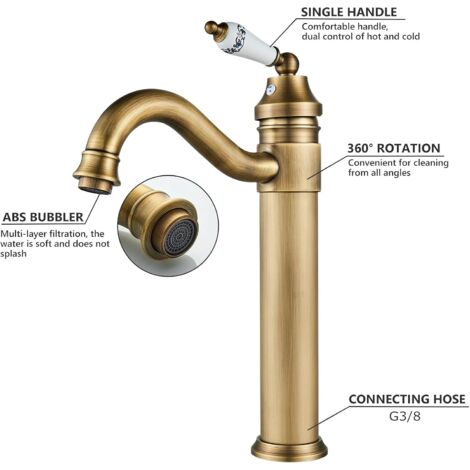 Lavabo Robinet  Laiton Haut, Robinet Salle de Bain avec Bec Haut Pivotant à 360° Mitigeur Lavabo, Chaude et Froide RéGlable de Mitigeur Lavabo, Mitigeur Salle de Bain