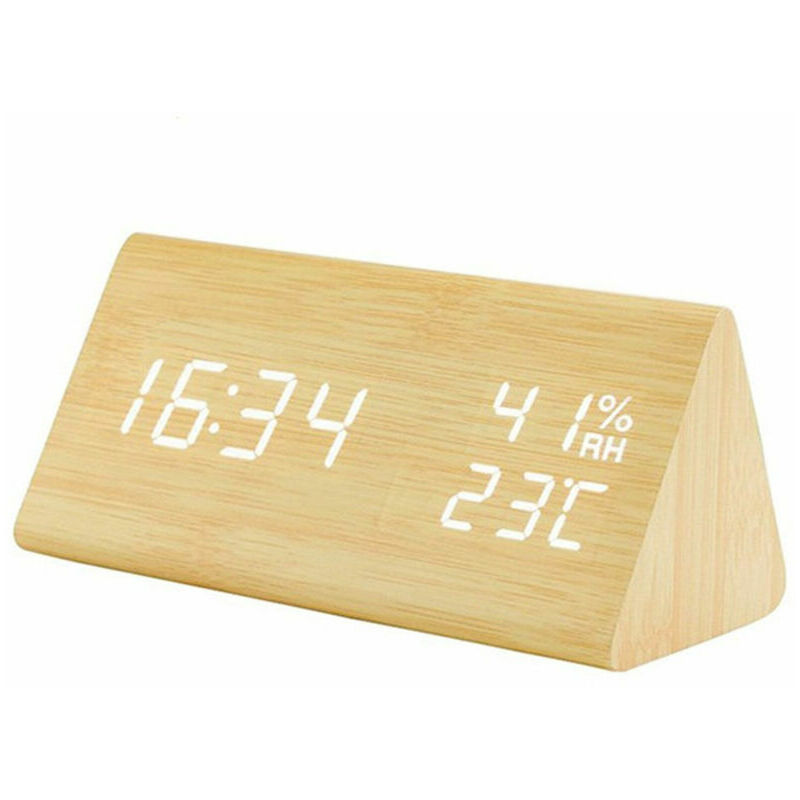 Réveils YJ-5038LED Triangulaire En Bois Réveil Commande Vocale