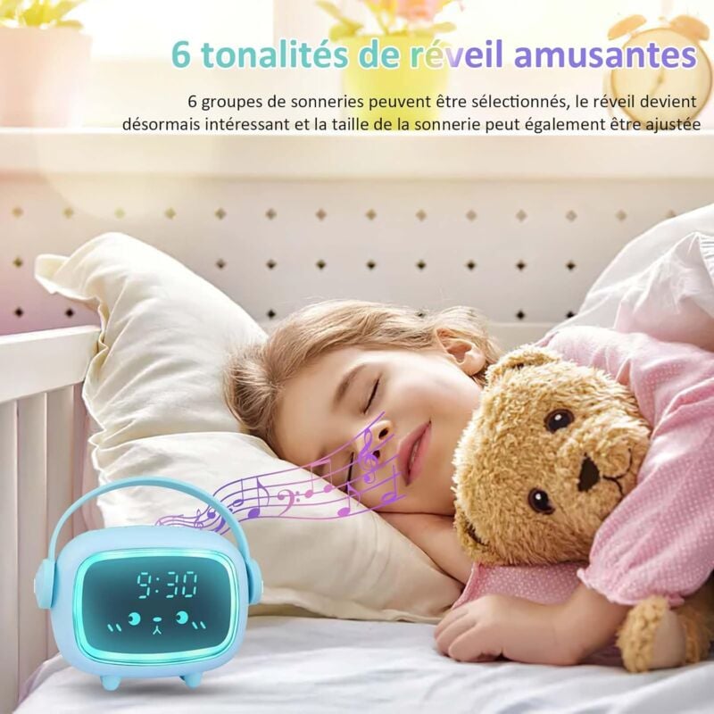 Réveil lumineux avec haut-parleur bluetooth, réveil pour enfants avec lampe  de nuit, réveil de voyage, réveil avec lumière, gradable, 5 changements de  couleur, adapté aux enfants, chambre,(blanc)-BISB