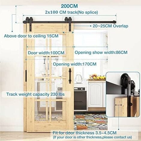 200 cm Kit de Porte de Grange Coulissante Double Kit de Rail D'épissure de Porte Coulissante Quincaillerie de Porte de Grange,Noir Capacité de Poids 150 kg