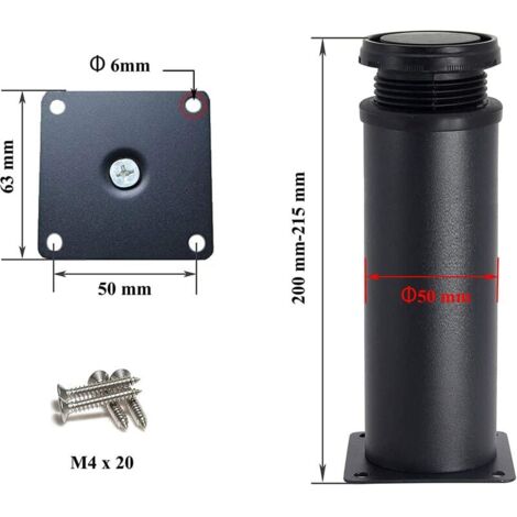 Lot de 4 noir Réglables 200 mm De Hauteur Épaissir les pieds d'armoire Pieds de table Pieds de meubles, Acier inoxydable Hauteur réglable 0-15 mm Venez avec des vis en acier inoxydable