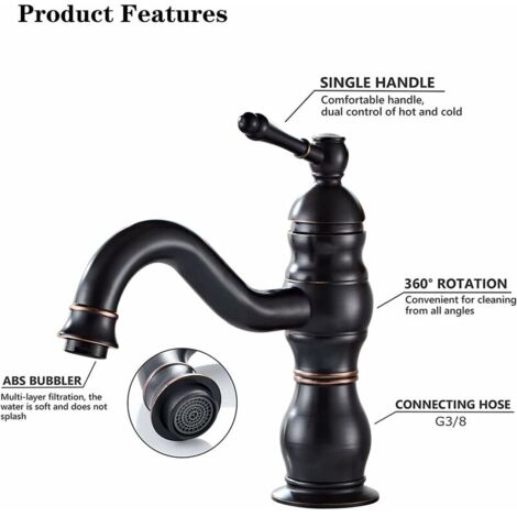 Robinet Lavabo Noir Rétro, Pivotant à 360° Robinet Salle Bain, Mitigeur Lavabo en Laiton, Mitigeur Salle Bain avec Valve en Céramique Neuve,