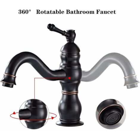 Robinet Lavabo Noir Rétro, Pivotant à 360° Robinet Salle Bain, Mitigeur Lavabo en Laiton, Mitigeur Salle Bain avec Valve en Céramique Neuve,