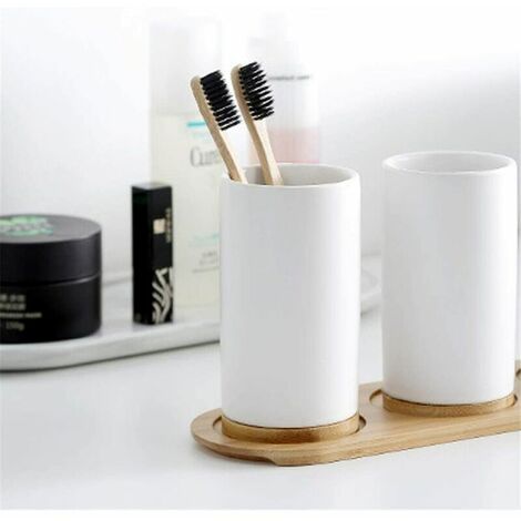 Ensemble d'accessoires de Salle de Bain en céramique, gobelet, Porte-Brosse à Dents, Distributeur de Savon pour Dentifrice en Bambou