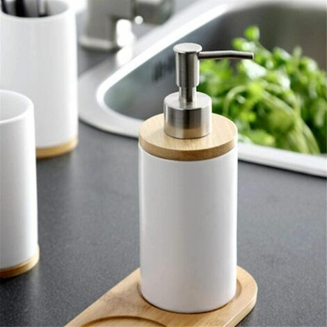Ensemble d'accessoires de Salle de Bain en céramique, gobelet, Porte-Brosse à Dents, Distributeur de Savon pour Dentifrice en Bambou