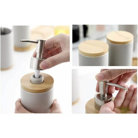 Ensemble d'accessoires de Salle de Bain en céramique, gobelet, Porte-Brosse à Dents, Distributeur de Savon pour Dentifrice en Bambou