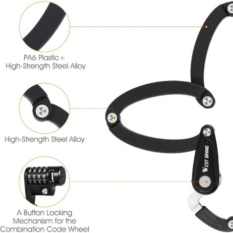 Antivol pliable pour vélo, antivol à combinaison antivol à 4 chiffres,  niveau de sécurité 6, antivol de vélo pliable robuste, cadenas de vélo  robustes de 2,8 pieds, antivol de chaîne de sécurité pour