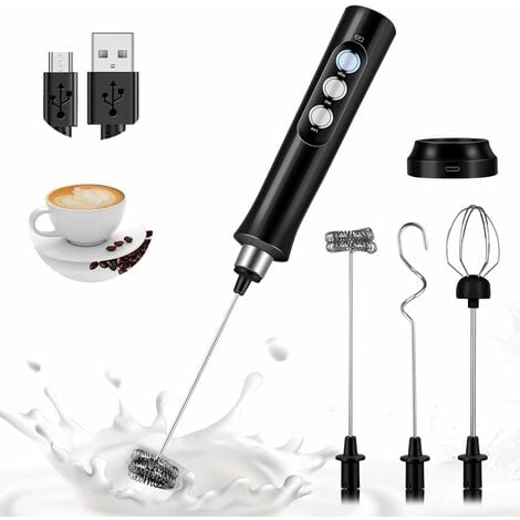 Mousseur à lait USB, mousseur à lait électrique, réglable en 3 vitesses,  avec 3 batteurs en acier inoxydable, pour café, matcha,colacao