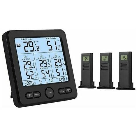 Thermomètre extérieur intérieur sans fil avec horloge Station  météorologique numérique sans fil avec capteur extérieur, noir