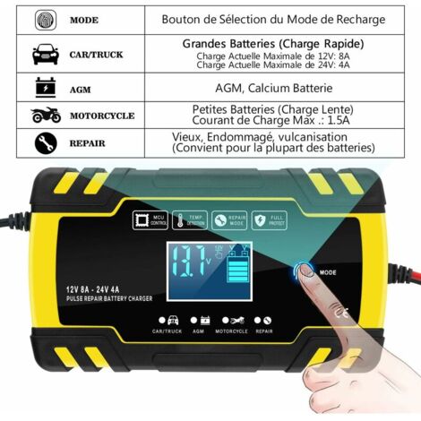 Mainteneur de Chargeur de Batterie Intelligent 8A 12V/24V avec LCD Tactile Écran Protections Multiples de Réparation pour Voiture, Camion/AGM/Gel/Wet/SLA