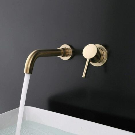 Robinet de Lavabo pour Salle de Bains en Laiton, Montage Mural, Or Brossé，Robinet de lavabo chaud et froid Dark - Load mural robinet de lavabo en or brossé laiton