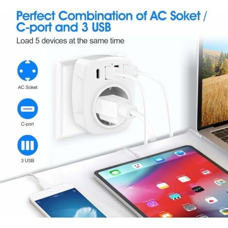 Prise USB, prises avec 3 chargeurs USB (2,4 A) et 1 port de type C (3 A), adaptateur de prise 5 en 1, adaptateur de prise murale (blanc)