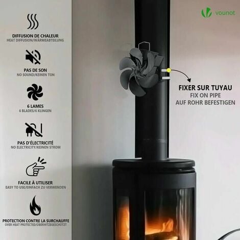 4 lames Tuyau de fumée Ventilateur de poêle Appareil de chauffage alimenté  fixe sur le tuyau de cheminée en bois/poêle à bois/cheminée noir