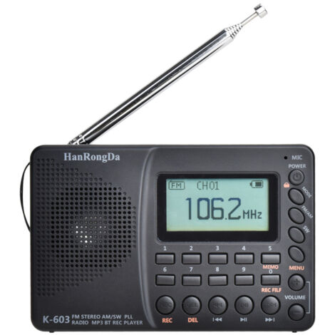 Radio numérique AM FM, radios portables à ondes courtes, tuner numérique et préréglages radio rechargeables, prise en charge des enregistrements Micro SD et AUX,