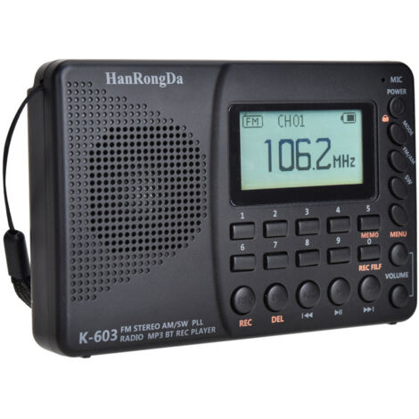 Radio numérique AM FM, radios portables à ondes courtes, tuner numérique et préréglages radio rechargeables, prise en charge des enregistrements Micro SD et AUX,