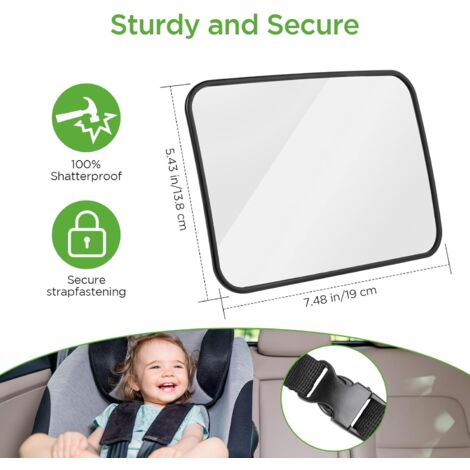 Rétroviseur Bébé Pour Voiture - Champ Large Réglable 360° - Lot Avec Autocollants Baby On Board Et Crochets - Sécurisé - 7