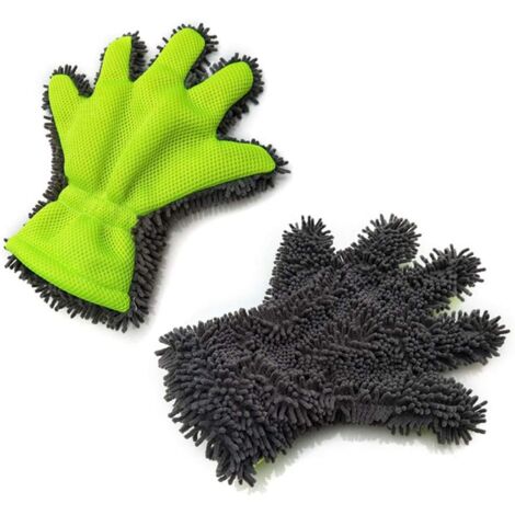 Lot De 2 Gants Lavage Voiture Double Face - Chenille + Microfibre + Éponge - 23x15cm Vert
