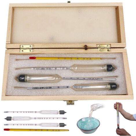 Hydromètre à alcool 3pcs 0-100 Testeur d'alcool à l'épreuve du compteur d'alcool gradué précis avec thermomètre et boîte en bois, hydromètre pour vin, bière, cidre, épreuves, distillation, hydromètre