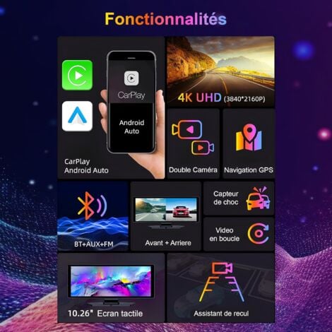 Écran Voiture sans Fil 10.26" D3 Pro - Autoradio Bluetooth Apple Car Play & Android Auto - Dashcam Voiture 4K GPS avec Caméra Recul - Autoradio CarPlay Écran Tactile