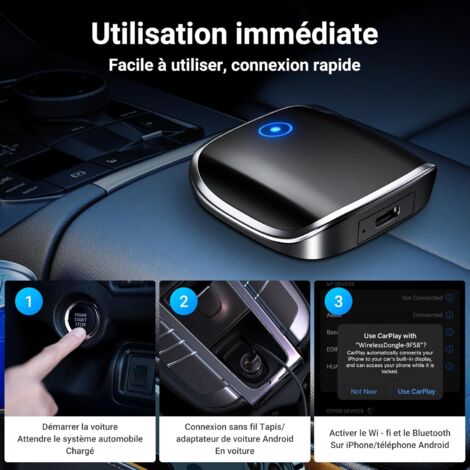 Adaptateur Carplay sans Fil 2 en 1 pour Voiture Carplay/Android avec Adaptateur Type - C pour Convertir Rapidement Carplay Filaire en Plug et Play sans Fil Compatible avec 98% des Véhicules