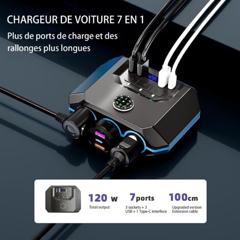 Multiprise Allume-Cigare 7 En 1 Avec USB-C PD/QC3.0 - 120W Max, Voltmètre LED, Pour Voiture
