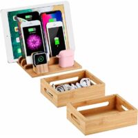 Bureau En Bois De Bambou Cordons Multi-appareils Support Organisateur Et Station De Charge Chargeur Docks Support De Berceau Pour IPhone IPad Samsung Huawei OnePlus LG Sony Smartphones Et Tablets