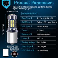 Ampoules LED P21W 1156 - Blanc 6000K - 12V/24V - Pour Feux De Jour, Recul Ou Antibrouillard - Lot De 2