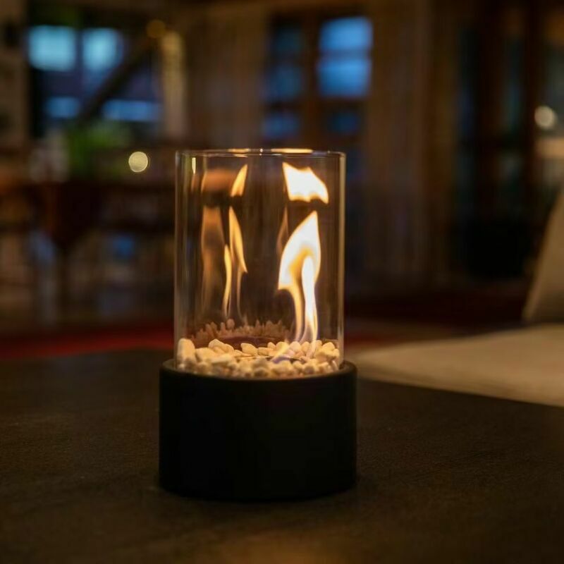 Lampe de table pour cheminée à alcool en acier inoxydable pour l'intérieur  Petite cheminée chauffante portable Barre ronde en verre Lumière d'ambiance  16,5 x 16,5 x 27,5 cm, Noir[A+++]