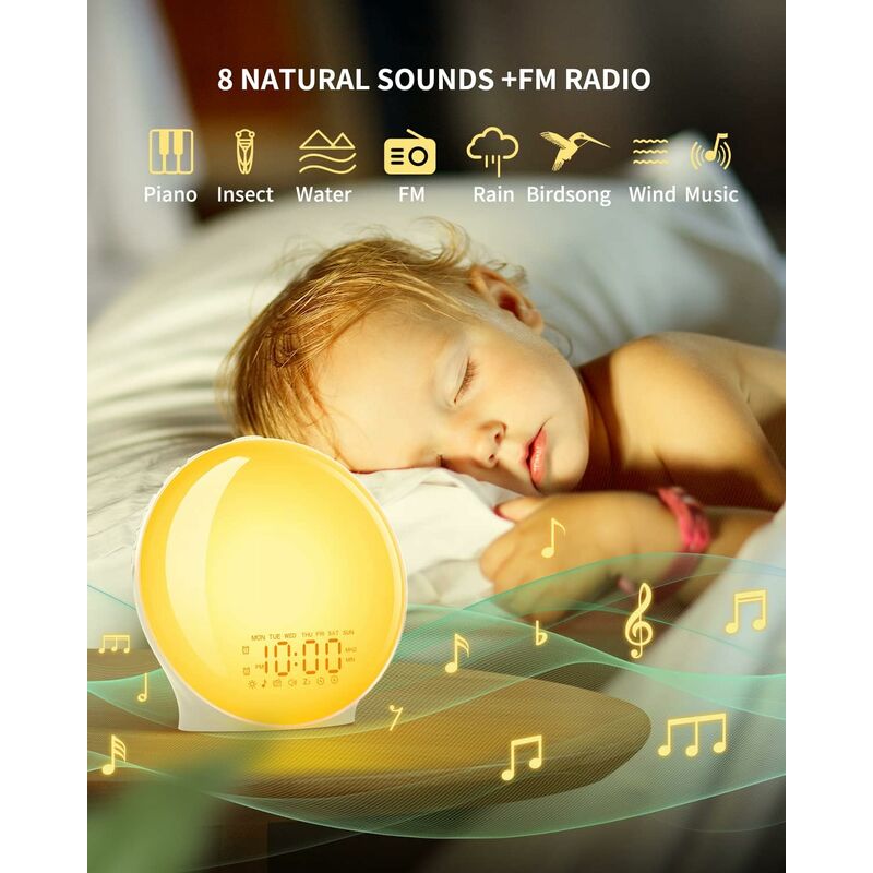 We - WE Radio Réveil Lumineux Lampe de Chevet Réveil Lumière LED Tactile  Contrôle Sunrise, Sunset, Snooze, 6 Sons Naturels, 7 Couleurs, 10 Niveaux  de Luminosité pour Bébé Enfant Adult avec Adaptateur 
