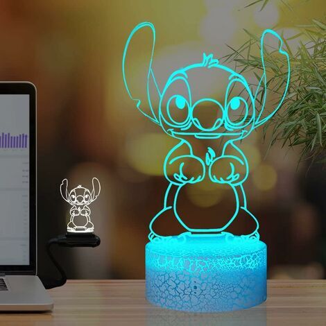 Lampe Stitch,Veilleuse de dessin animé 3D enfant rechargeable Lampe de  chevet de chambre USB Télécommande 16 couleurs Lampe de bureau Illusion  Décoration de chambre de bébé doux fille(Crack Stitch)