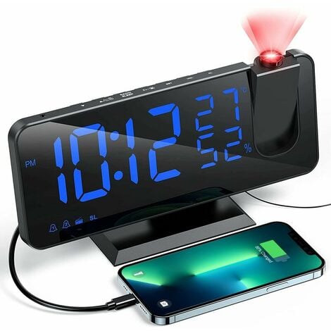 Reveil Projecteur avec Radio, Horloge Numérique, Radio Reveil USB avec  Double Alarme et Écran Miroir LED
