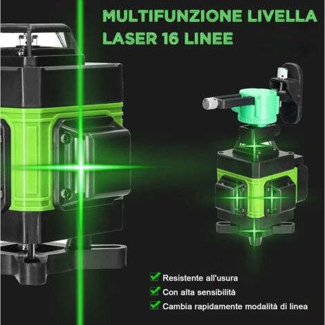 Multifonctionnel 4D 16 Lignes Niveau Laser 3° Machine Auto-nivelante USB Batterie au Lithium Rechargeable Outil de Nivellement avec 1.5M 3-Hauteurs Réglable Alliage Barre d'Extension Trépied - Vert