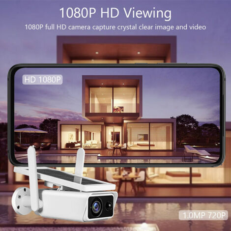 Caméra de sécurité solaire extérieure 1080P 3MP batterie rechargeable sans fil WiFi caméra de surveillance à domicile avec détection de mouvement PIR, vision nocturne, audio bidirectionnel, étanche IP