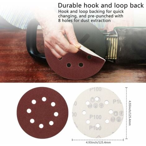 Disque abrasif 125 mm, 100 disques abrasifs 40/60/80/100/120/180/240/320/400/800 Taille de grain pour le ponçage/polissage/dérouillage (8 trous)