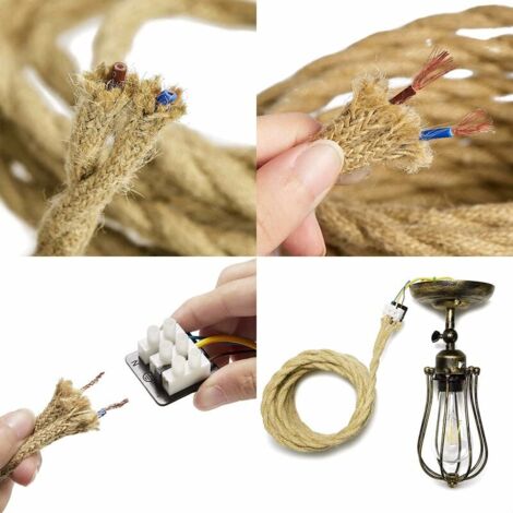 10m Fil électrique Corde, 2 Cœurs Linge de Câble d'éclairage de Corde Vintage Fil de cuivre recouvert Rétro Tressé Industriel Corde pour DIY Pendentif Lampe