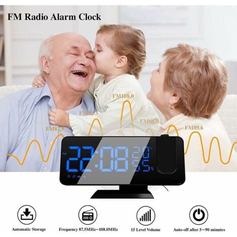 Reveil Projecteur avec Radio, Horloge Numérique, Radio Reveil USB avec Double Alarme et Écran Miroir LED de 7（mot bleu）