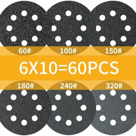 Disques de ponage 60PCS 125mm en Carbure de Silicium , Disques Abrasifs 60 100 150 180 240 320 grains 8 trous pour Ponceuses