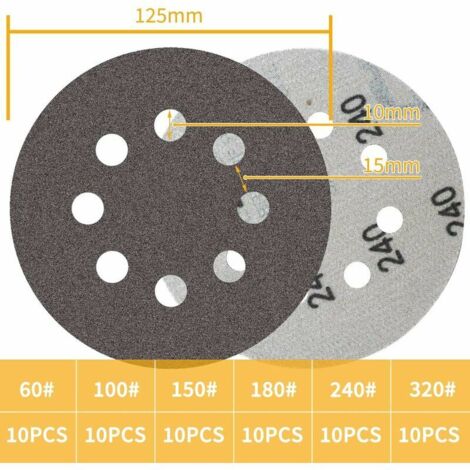 Disques de ponage 60PCS 125mm en Carbure de Silicium , Disques Abrasifs 60 100 150 180 240 320 grains 8 trous pour Ponceuses