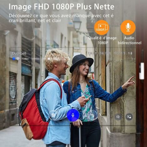Sonnette sans fil avec caméra, sonnette vidéo sans fil avec carillon, 1080P FHD, détection humaine PIR, batterie 6400 mAh, angle de vision de 170°, étanche IP66